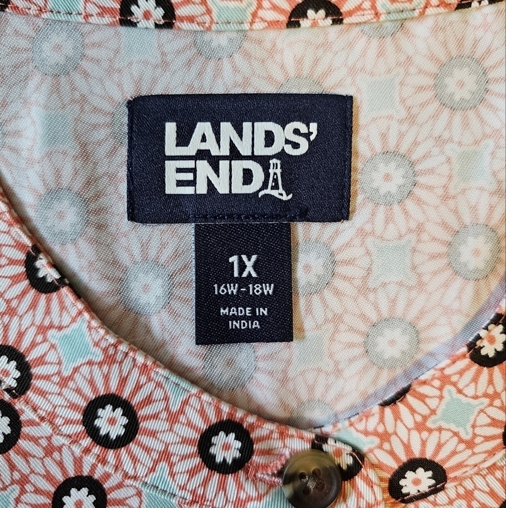 Lands End Womens Rayon Short Sleeve Button-Down Dress, Drawstring Waist Red Blue - Picture 12 of 15